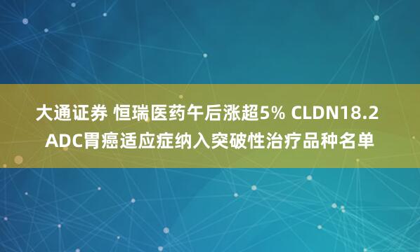 大通证券 恒瑞医药午后涨超5% CLDN18.2 ADC胃癌适应症纳入突破性治疗品种名单